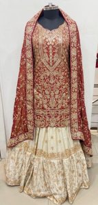 Shimmer Fabric Golden Mehroon Colour  Handwork Readymade Lehenga With Kurti