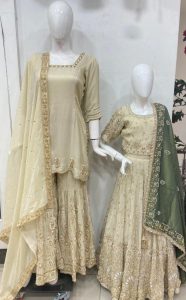 Shimmer Fabric Golden Colour Customized Sharrara Suit