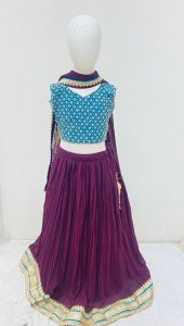 Georgette Fabric Wine and Firozi Contrast Party Wear Readymade Lehenga Choli
