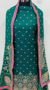 Silk Fabric Bottle Green Handwork Party Wear Suit