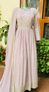 Georgette Fabric Handwork Light Lavender Colour Party Wear Long Dress