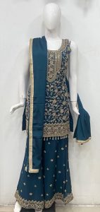 Chinnon Fabric Navi blue colour with lovely hand work party wear suit