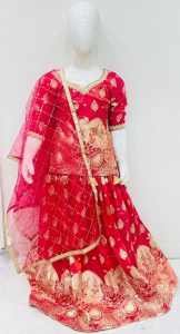 Banarasi Shimmer Fabric Red Colour Readymade Short Kurti With Lehenga