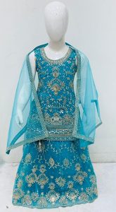 Net Fabric Firozi Colour Sippy Work Readymade Short Kurti With Lehenga