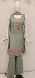 Chinon Fabric  Pista Colour Handwork Readymade Plazzo Suit