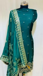 Organza Silk Fabric Bottle Green Colour Handwork Party Wear Suit