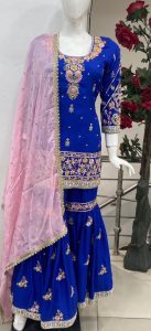 pure silk fabric Royal blue colour customized sharrara suit