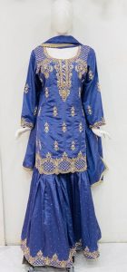 Chinon Fabric Ink Blue Colour Handwork  Party Wear Readymade Sharara Suit