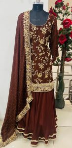 Brown colour Chinnon fabric short kurti with Lengha
