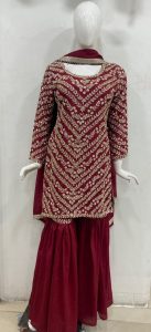 Chinon Shimmar Fabric Maroon  Handwork Readymade  Party Wear Sharara Suit