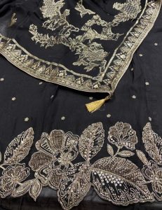 Organza Silk Fabric Black Handwork Party Wear Suit