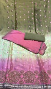 Silk Fabric  Mehandi and Pink Contrast  Thread Work Casual Wear Suit