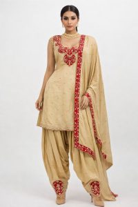 Fabric Pure Silk  Golden  and Red Contrast  Customize Salwar Suit