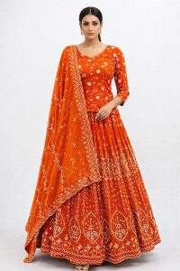 Georgette Fabric  Rust Colour Customized Handwork Party Wear Dress