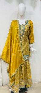 Chinnon Fabric Mustard Colour Readymade Sharrara suit