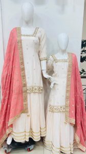 Silk Fabric Offwhite Colour Lengha with short Kurti Mother With daughter  customized dress