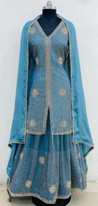 FABRIC TISSUE SHIMMER POWDER BLUE COLOUR CUSTOMIZE LENGHA WITH SHORT KUTRI