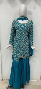 Chinnon fabric peacock colour Readymade Sharrara suit with lovely hand work