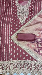 Organza Fabric Copper Colour Thread and  Mirror Work Lovely Suit