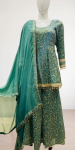 Shimmer Fabric Sage Green Customize  Frock  with Plazzo Suit
