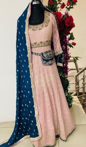 Chinon Fabric Pink and Blue Contrast Party Wear Dress