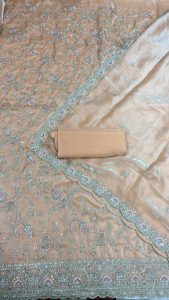 Tissue Shimmer Fabric Peach Handwork Designer Suit