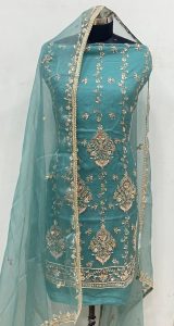 Organza Fabric  C Green Handwork  Party Wear Suit