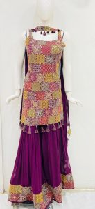 Georgette Fabric  Wine Colour Thread Work  Readymade Sharara Suit