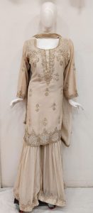 Shimmer Fabric Cream Colour Handwork Party Wear Readymade Sharara Suit