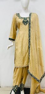 Fabric Pure Silk Green Golden Contrast Customize  Salwar Suit