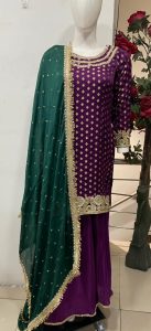 Banarsi silk fabric purple colour with contrast Dupaata plazo suit