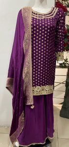 Banarsi silk fabric purple colour plazo suit