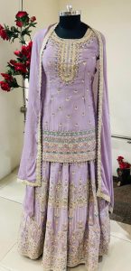 Chinon Shimmer  Fabric Lavender Colour Readymade Short Kurti With Lehenga