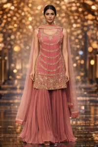 Georgette Fabric Onion pink colour with lovely mirror work deziner suit