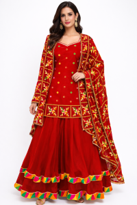 Fabric Silk Red Customize Short kurti With Lehenga
