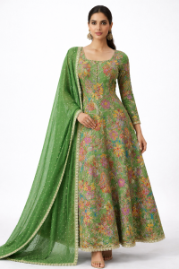 Fabric Chinon Green  Customize Long Frock