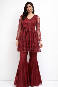 Fabric Net Maroon Colour Customize Poplin Suit