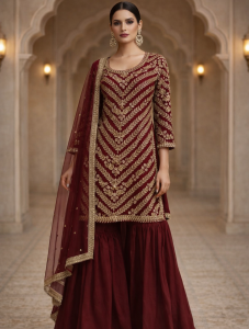 Chinon Shimmar Fabric Maroon  Handwork Readymade  Party Wear Sharara Suit