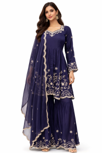 Silk Fabric Thread Work Navy Blue Colour Customize Sharara Suit
