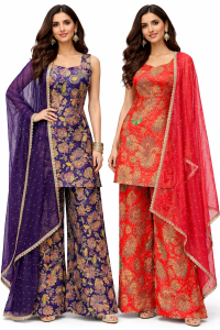 Fabric Chinon  Red and Purple Customize Plazzo Suit