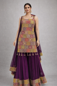 Georgette Fabric  Wine Colour Thread Work  Readymade Sharara Suit