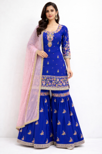 pure silk fabric Royal blue colour customized sharrara suit