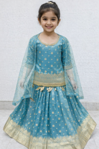 Banarasi Fabric Firozi Colour Readymade Short Kurti With Lehenga