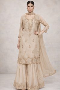 Shimmer Fabric Cream Colour Handwork Party Wear Readymade Sharara Suit