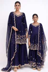 Fabric Pure Silk Navy Blue  Customize  Frock With Sharara Suit