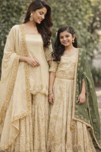 Shimmer Fabric Golden Colour Customized Sharrara Suit