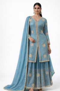 FABRIC TISSUE SHIMMER POWDER BLUE COLOUR CUSTOMIZE LENGHA WITH SHORT KUTRI