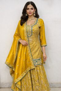 Chinnon Fabric Mustard Colour Readymade Sharrara suit