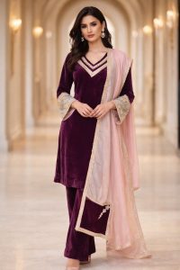 Wine Colour Velvet Fabric Customized  Pant plazzo suit