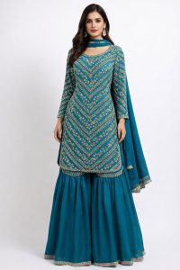 Chinnon fabric peacock colour Readymade Sharrara suit with lovely hand work